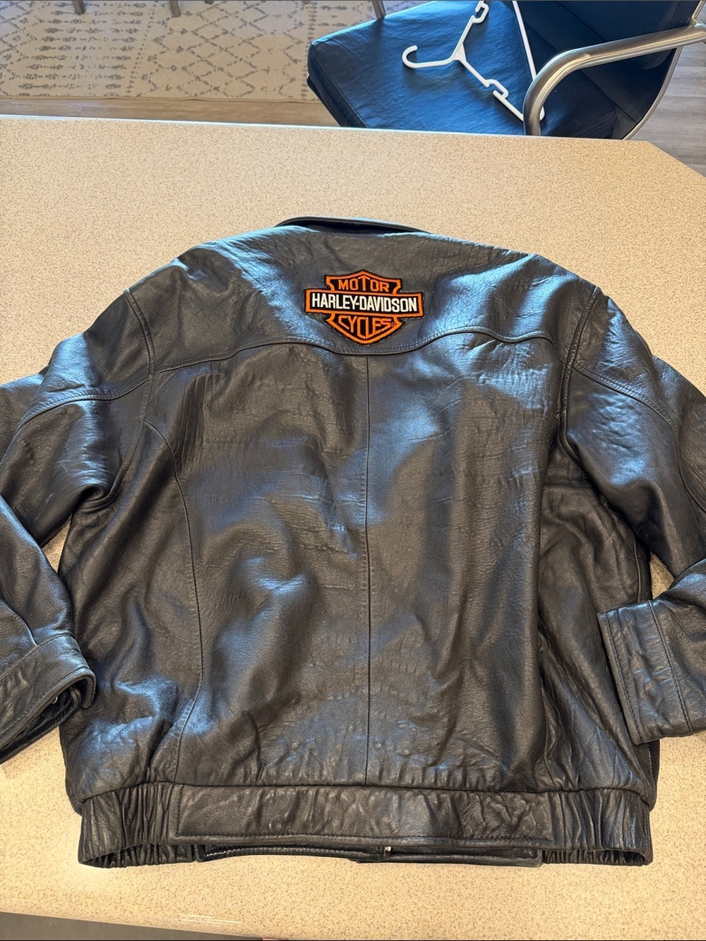 Hathaway Black soft  Leather bomber Jacket customized Harley Davidson patch